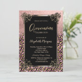 Rose Gold Glitter Border Leopard Quinceañera 招待状 (スタンド正面)