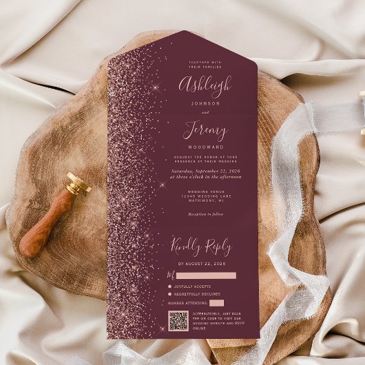 Rose Gold Glitter Burgundy QR Code Wedding オールインワン招待状