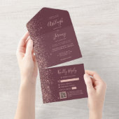 Rose Gold Glitter Burgundy QR Code Wedding オールインワン招待状 (貼ってはがせる)