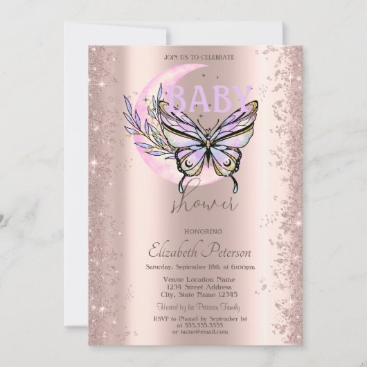 Rose Gold Glitter Butterfly Moon Baby Shower 招待状 (正面)
