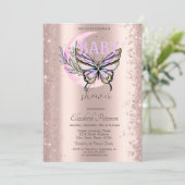 Rose Gold Glitter Butterfly Moon Baby Shower 招待状 (スタンド正面)
