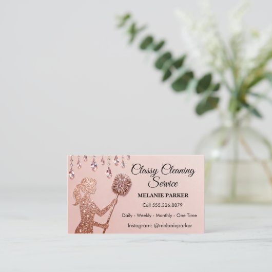 Rose Gold Glitter Classy Cleaning Services 名刺 (スタンド正面)