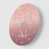 Rose Gold Glitter Clock Custom Name and Letter ラージ壁時計 (傾斜)