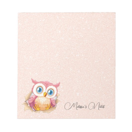 Rose Gold Glitter Cute Owl Add Name ノートパッド (正面)