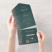 Rose Gold Glitter Dark Green QR Code Wedding オールインワン招待状 (貼ってはがせる)