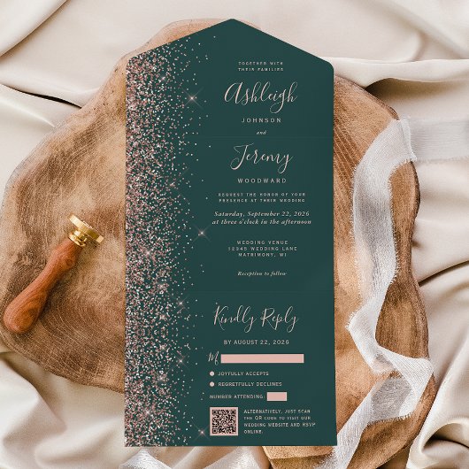 Rose Gold Glitter Dark Green QR Code Wedding オールインワン招待状