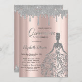 Rose Gold,Glitter Dress Drips Silver Quinceanera 招待状 (正面/裏面)