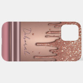 Rose Gold Glitter Drip Custom Name Monogram iPhoneケース (裏面横)