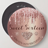 Rose Gold Glitter Drip Diamond Sweet Sixteen 缶バッジ (正面&裏面)