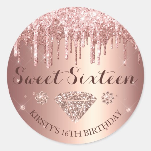 Rose Gold Glitter Drip Sweet Sixteen ラウンドシール (正面)