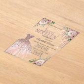 Rose Gold Glitter Drips,Dress Floral Sweet 16 アクリル招待状 (レイダウン)