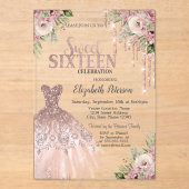 Rose Gold Glitter Drips,Dress Floral Sweet 16 アクリル招待状 (正面)