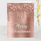 Rose Gold Glitter Drips Metallic Merry Christmas カード (黄色い花)