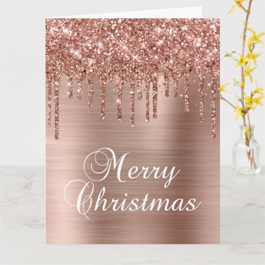 Rose Gold Glitter Drips Metallic Merry Christmas カード (黄色い花)