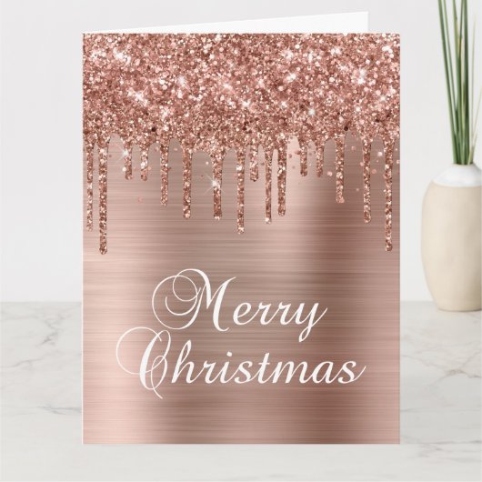 Rose Gold Glitter Drips Metallic Merry Christmas カード (正面)
