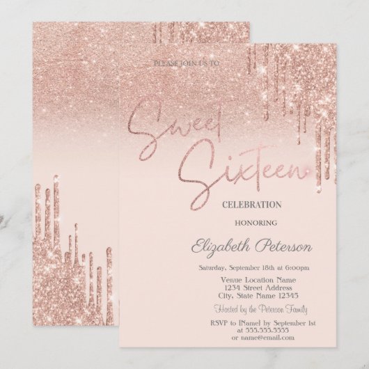Rose Gold Glitter,Drips Sweet 16  招待状 (正面/裏面)
