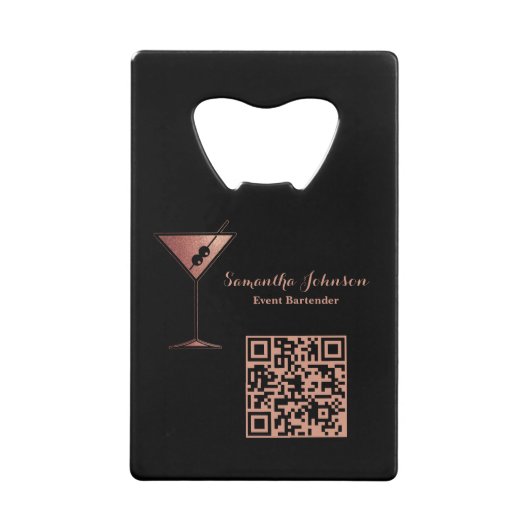 Rose Gold Glitter Event Bartender QR Code クレジットカード栓抜き (正面)