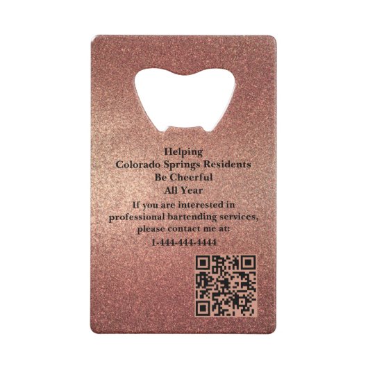Rose Gold Glitter Event Bartender QR Code クレジットカード栓抜き (裏面)