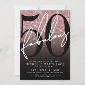 Rose Gold Glitter Fifty Fabulous 50th Birthday 招待状 (正面)