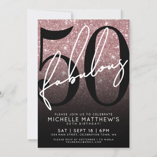 Rose Gold Glitter Fifty Fabulous 50th Birthday 招待状 (正面)