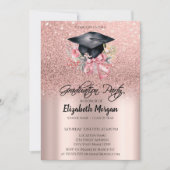 Rose Gold Glitter Floral Grad Cap Bow Graduation 招待状 (正面)