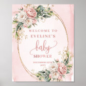 Rose Gold Glitter Floral Welcome Baby Shower Sign ポスター (正面)