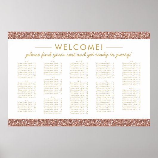 Rose Gold Glitter Large Alphabetical Seating Chart ポスター (正面)
