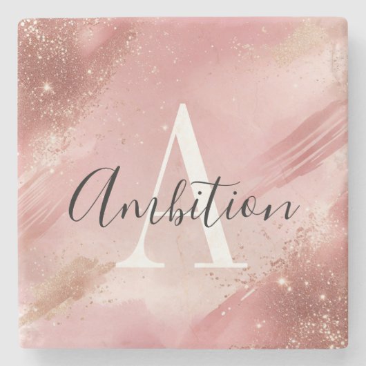 Rose Gold Glitter Monogram Stone Coaster – Custom  ストーンコースター (正面)