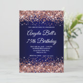 Rose Gold Glitter Navy Blue Ombre 75th Birthday 招待状 (スタンド正面)