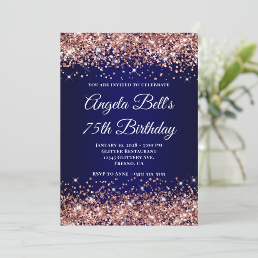 Rose Gold Glitter Navy Blue Ombre 75th Birthday 招待状 (スタンド正面)