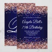 Rose Gold Glitter Navy Blue Ombre 75th Birthday 招待状 (正面/裏面)