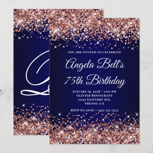 Rose Gold Glitter Navy Blue Ombre 75th Birthday 招待状 (正面/裏面)