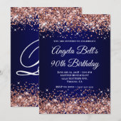 Rose Gold Glitter Navy Blue Ombre 90th Birthday 招待状 (正面/裏面)