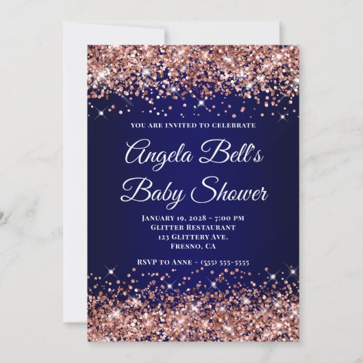 Rose Gold Glitter Navy Blue Ombre Baby Shower 招待状 (正面)