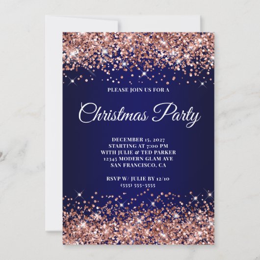 Rose Gold Glitter Navy Blue Ombre Christmas Party 招待状 (正面)
