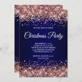 Rose Gold Glitter Navy Blue Ombre Christmas Party 招待状 (正面/裏面)