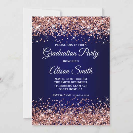 Rose Gold Glitter Navy Blue Ombre Graduation Party 招待状 (正面)