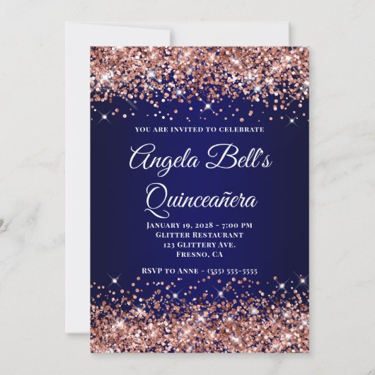 Rose Gold Glitter Navy Blue Ombre Quinceanera 招待状 (正面)
