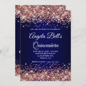 Rose Gold Glitter Navy Blue Ombre Quinceanera 招待状 (正面/裏面)
