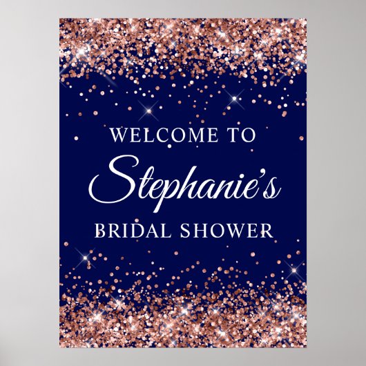 Rose Gold Glitter Navy Bridal Shower Welcome ポスター (正面)