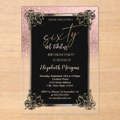 Rose Gold Glitter Ombre Border 60th Birthday Party アクリル招待状 (正面)