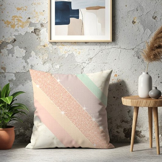 Rose Gold Glitter Pastel Marble Diagonal Stripes クッション