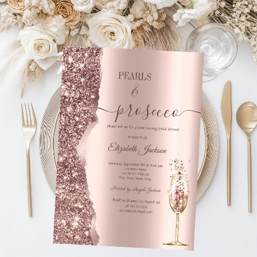 Rose Gold Glitter Pearls & Prosecco Bridal Shower 招待状