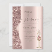 Rose Gold Glitter Pearls & Prosecco Bridal Shower 招待状 (正面)