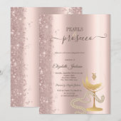 Rose Gold Glitter Pearls Wine Glass Bridal Shower  招待状 (正面/裏面)
