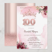  Rose Gold Glitter Roses Crown 100th Birthday  招待状 (正面/裏面)