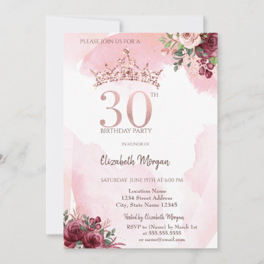  Rose Gold Glitter Roses Crown 30th Birthday  招待状 (正面)