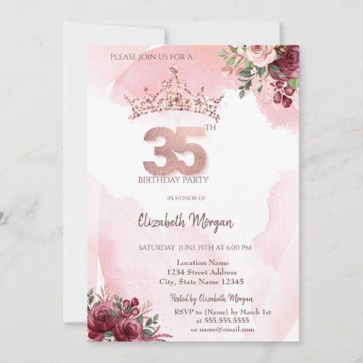 Rose Gold Glitter Roses Crown 35th Birthday 招待状 (正面)