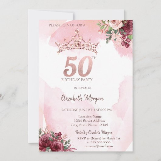  Rose Gold Glitter Roses Crown 50th Birthday Party 招待状 (正面)