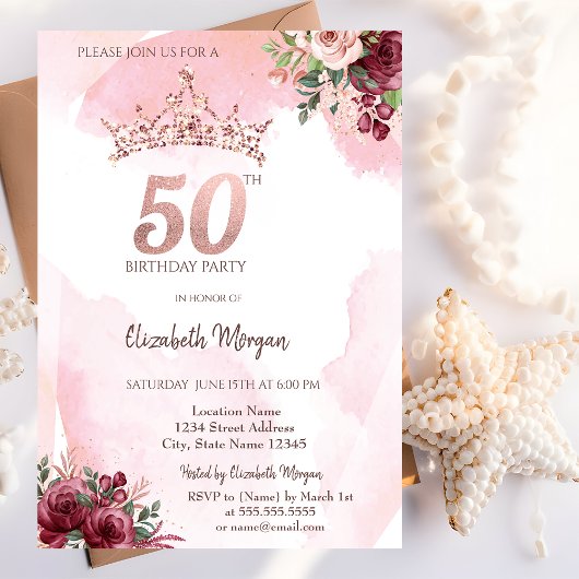  Rose Gold Glitter Roses Crown 50th Birthday Party 招待状